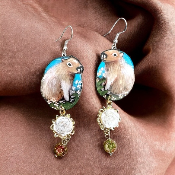 Jewelry - Capybara handpainted earrings w dangle white flower charm OOAK